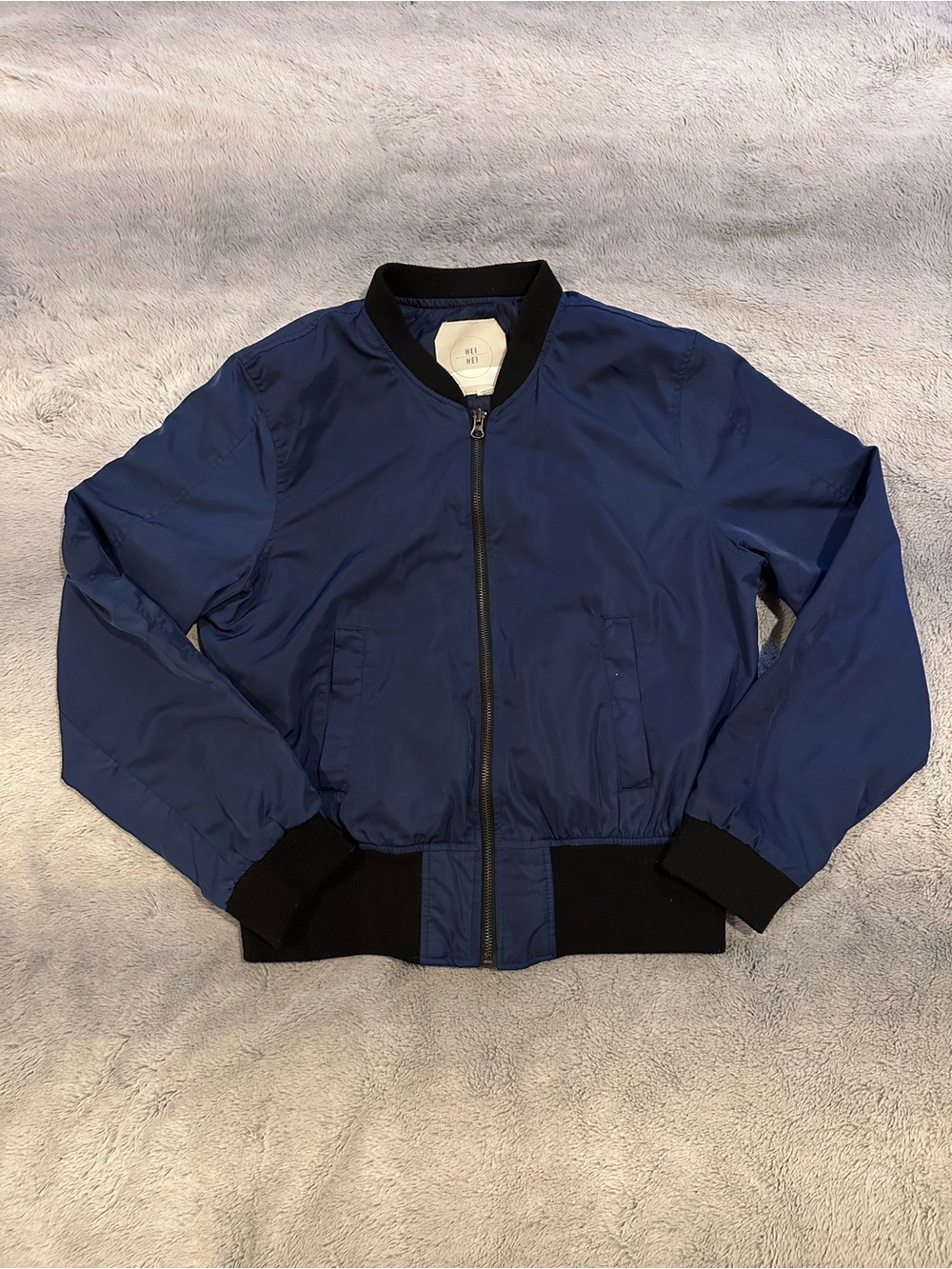 Anthropologie Hei Hei Juneworthy Satin Bomber Jacket Midnight Blue Size M